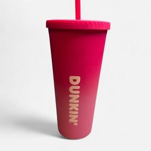 Pink Dunkin' 24oz tumbler with straw
